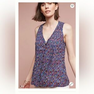 177 Anthropologie Maeve Lila Pintucked Medium Blue Sleeveless Button Front